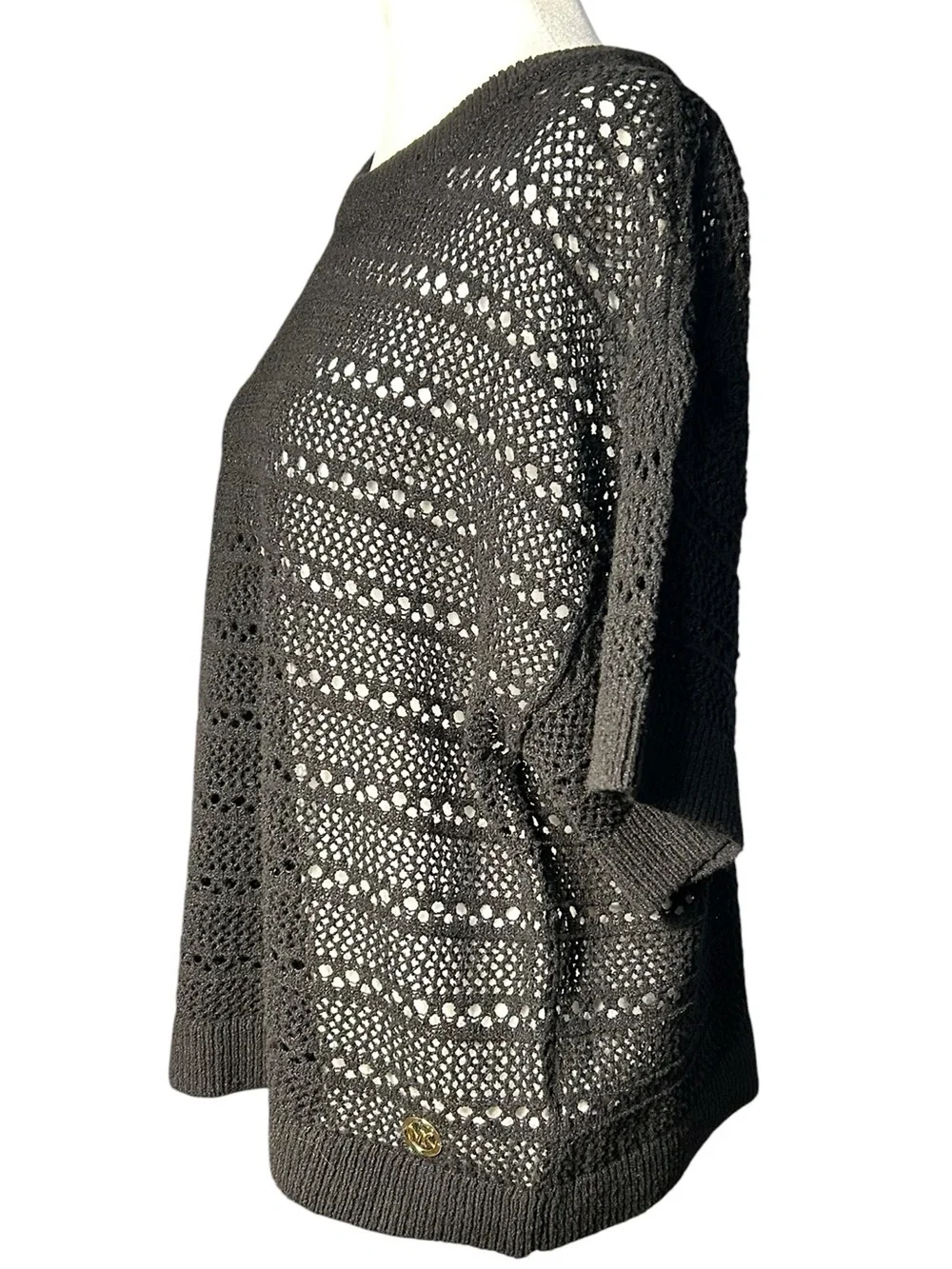 NWT Michael Kors Short-Sleeve Open-Knit Eyelet Sweater Black L